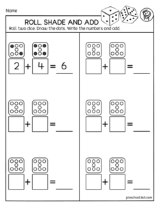 Dice roll and add worksheet for prek homeschool