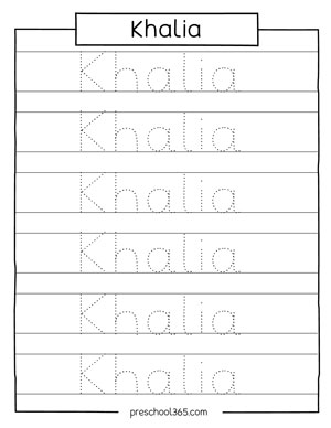 Khalia presschool name tracing sheet