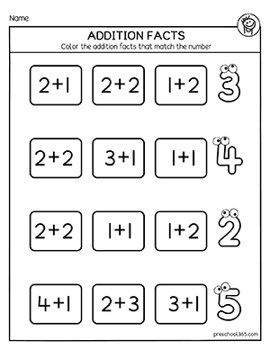 Free addition facts activities for prek children