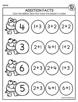 Fun addition facts worksheet for 5year olds