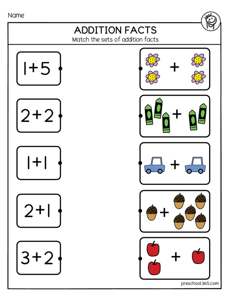 Addition facts matching worksheet for kids