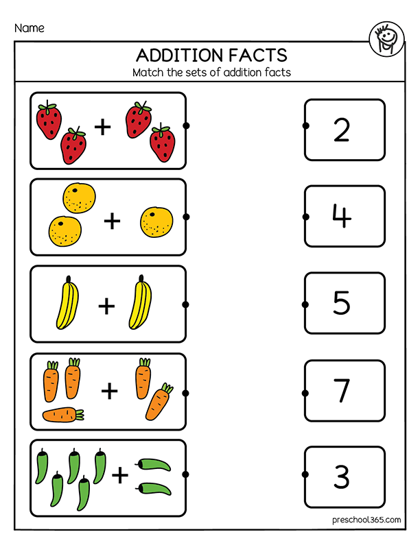Addition facts matching activity printables for preK