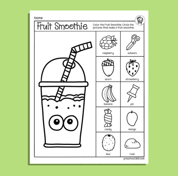 Fruit smppthie worksheet for homeschool kids