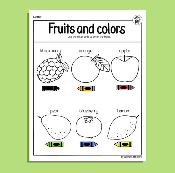 Fruits and colors worksheet for kids