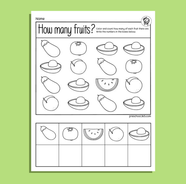 Count the fruits preschool worksheet