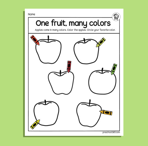Apple Fuits and colors preK activity sheet