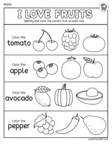 Color the fruits kids worksheet