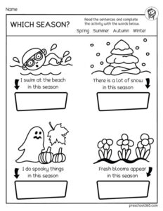 Free kindergarten worksheet on the seasons of the year