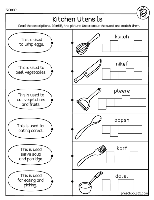 Kitchen utensils free worksheets for homeschool children