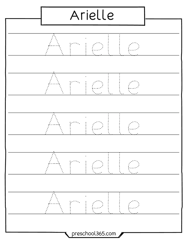 Free arielle preschool name tracing sheet