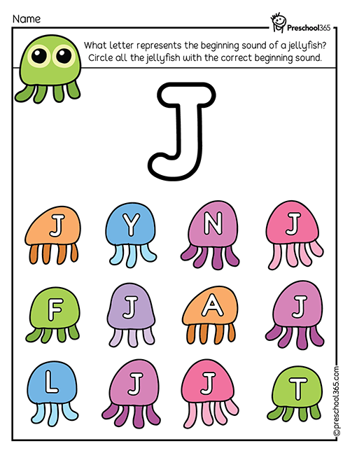 Free jellyfish beginning sounds activity sheet for preschool