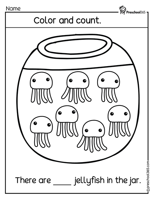 Free jellyfish conting activity sheet for preschool