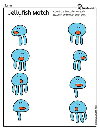 Free jellyfish matching activity sheet for preschool