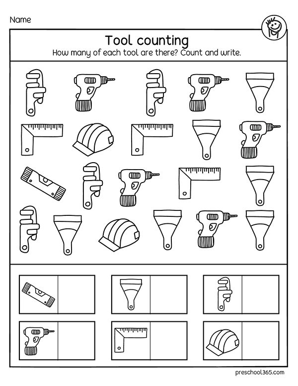 Tool counting worksheet for kids