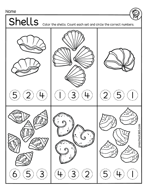 Count the beach shells free preschool worksheet