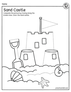 Trace the beach sand castle preschool worksheets