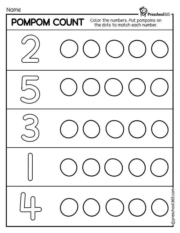 Pompom count up to 5 preschool worksheet
