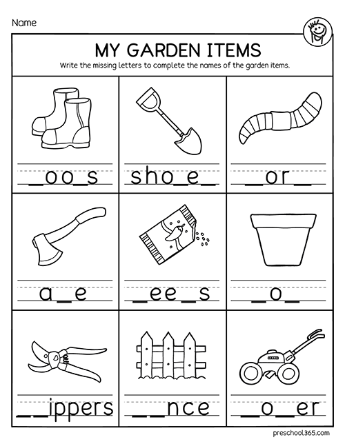 Free Kindergarten Gardening Items worksheet for homeschool kids