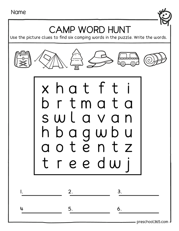 Camping Words Hunt Puzzle activity for kids