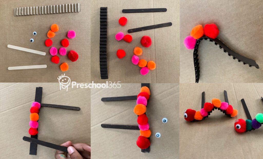 Fun pompom and cardboard caterpillar craft activity for kids