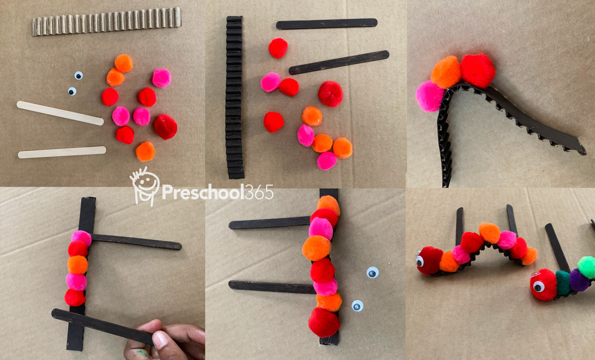 How to make a cardboard and pompom caterpillar craft