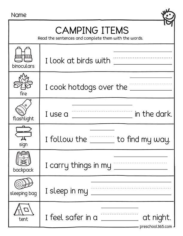 Fun campsite worksheets for kindergarten