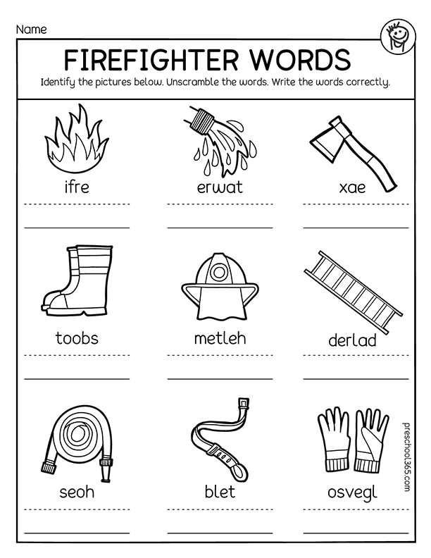 Firefighter words and pictures for first grade and kindergarten