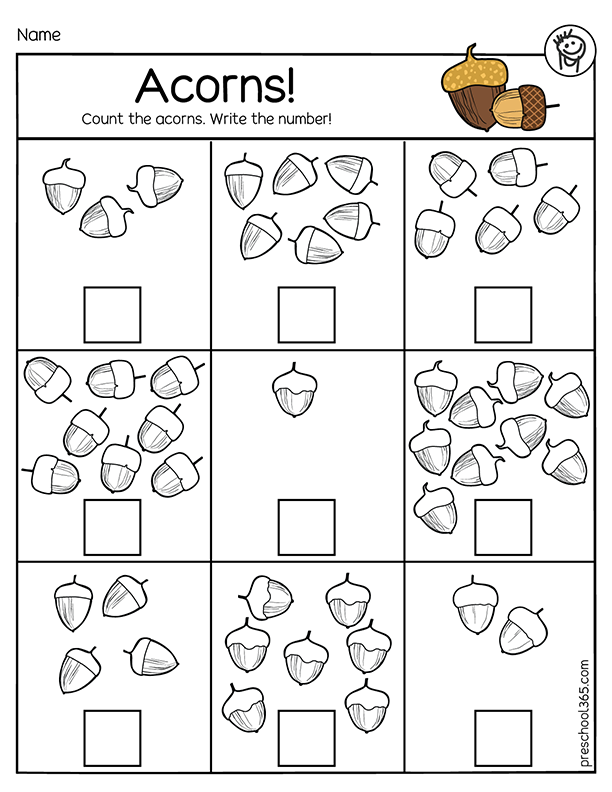 Free Acorn activity worksheets for preschool children