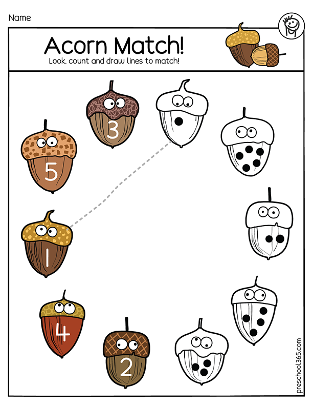 Acorn counting and number matching worksheets for homeschool children