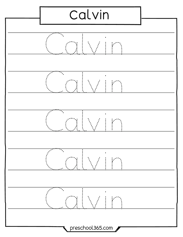 Calvin name tracing sheet for preschool children