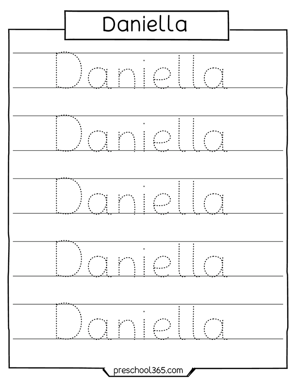 Daniella name tracing sheet for preschool children