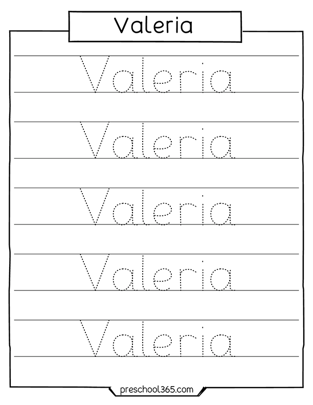 Valeria name tracing sheet for preschool children