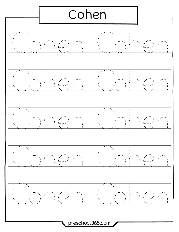 Free preschool kids name tracing activity sheet Cohen