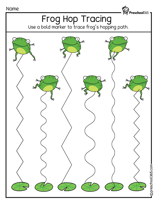 Frog hop tracing lines practice sheets for preschoolers