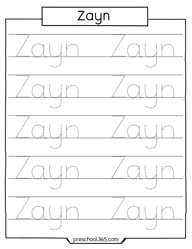 Zayn Name tracing activity sheets for preschool children