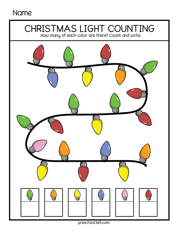 Christmas lights counting worksheets for kindergarten and preK kids