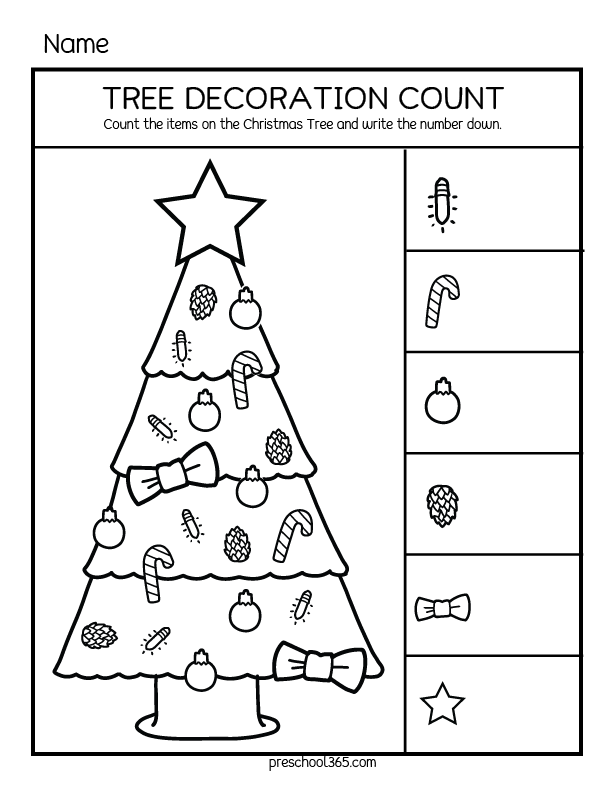 Fun Christmas tree item counting worksheets for homeschool kids