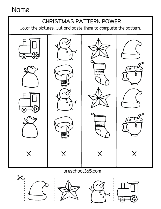 Christmas preschool pattern worksheets for 4yr old children