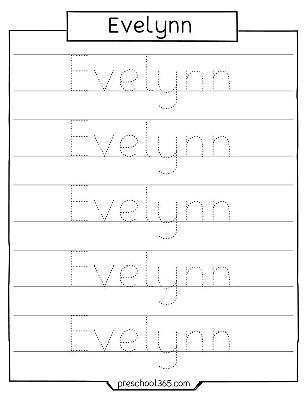 Free preschool name tracing sheet Evelynn