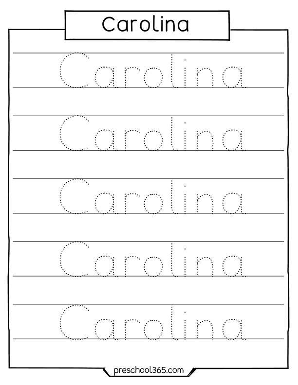 Free preschool name tracing sheet carolina