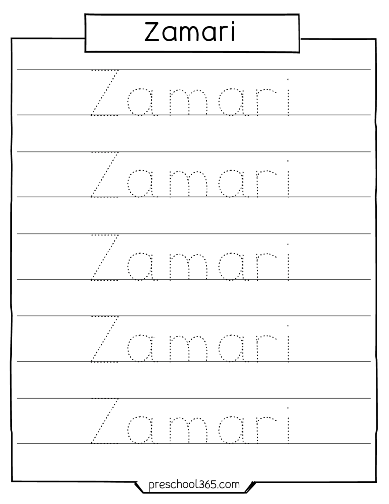 Free preschool name tracing sheet zamari