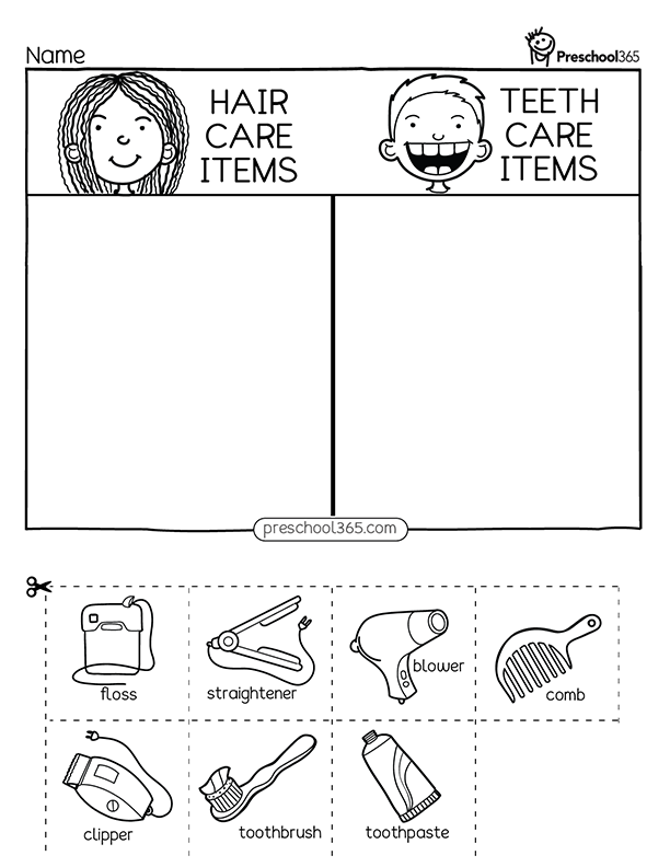 Tooth care and Hair care preschool worksheet