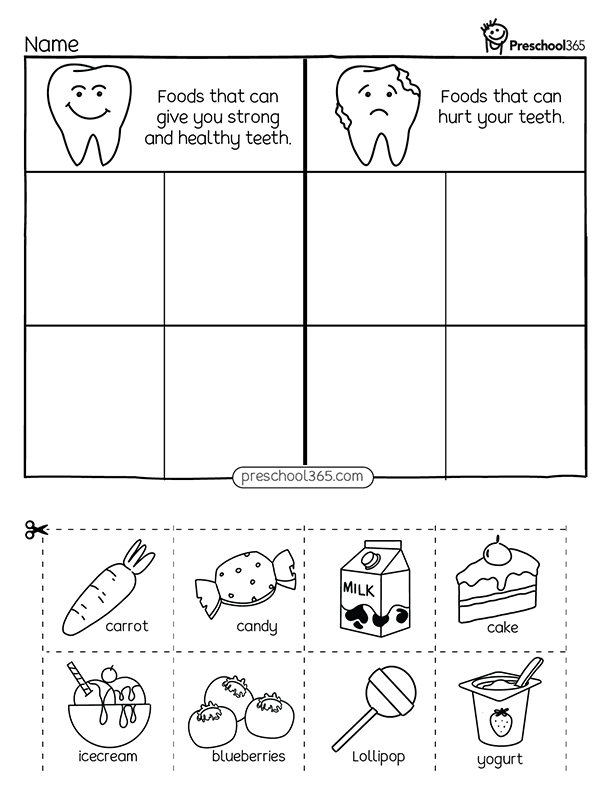 Food that are great for healthy teeth preschool worksheet