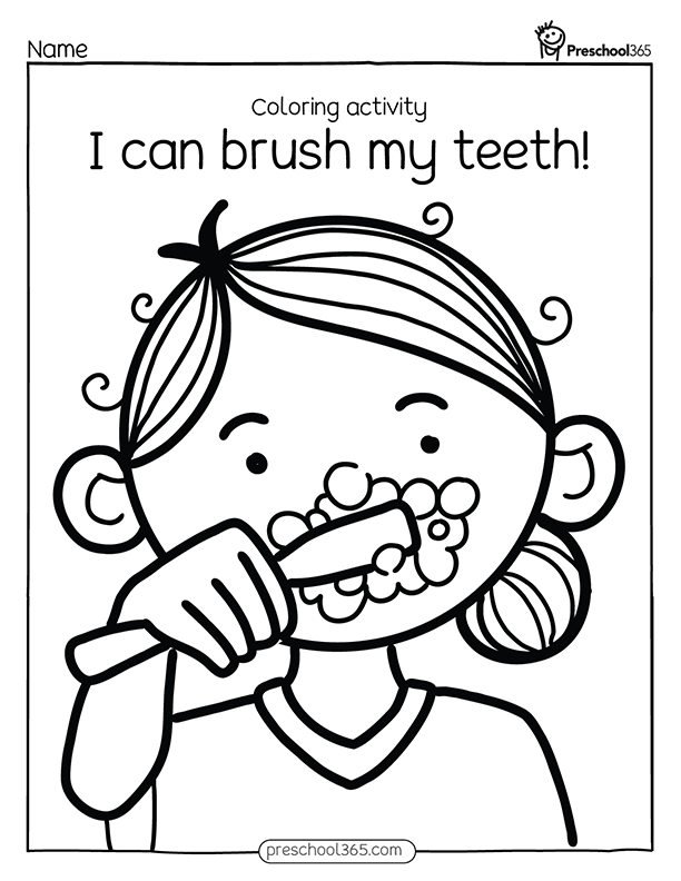 Brush my teeth preschool coloring activity