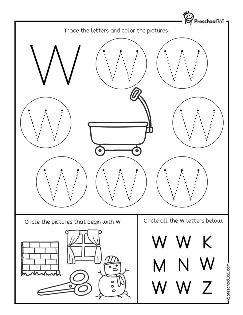 UPPERCASE Letter W Tracing worksheet for preK children