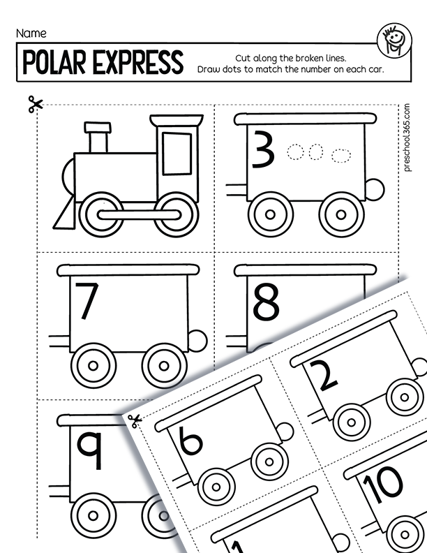 Polar Express Train Cutting and number activity sheet for prek kids