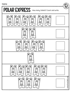 Polar Express Train Tickets counting worksheet for preschool