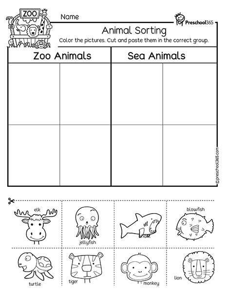 Free zoo animals cut and paste worksheet for pre children