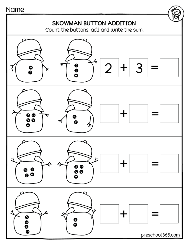 Free snowman addition theme for kindergarten