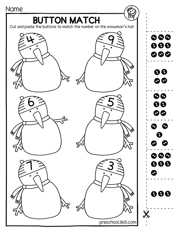 Snowman's buttons counting worksheet for 5 year olds
